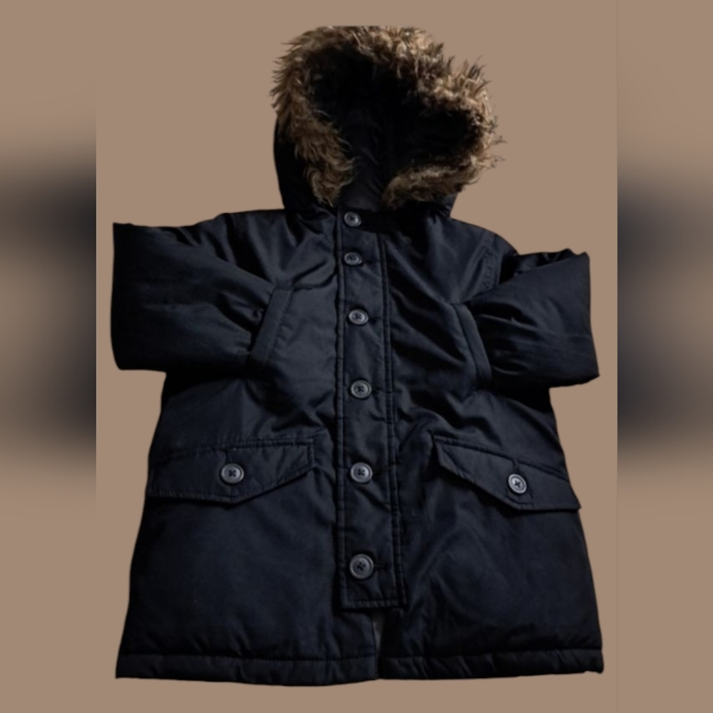 Gap Kids Cold Control Max Parka Black Coat Faux Fur Trim Hood Jacket Size 4 Year